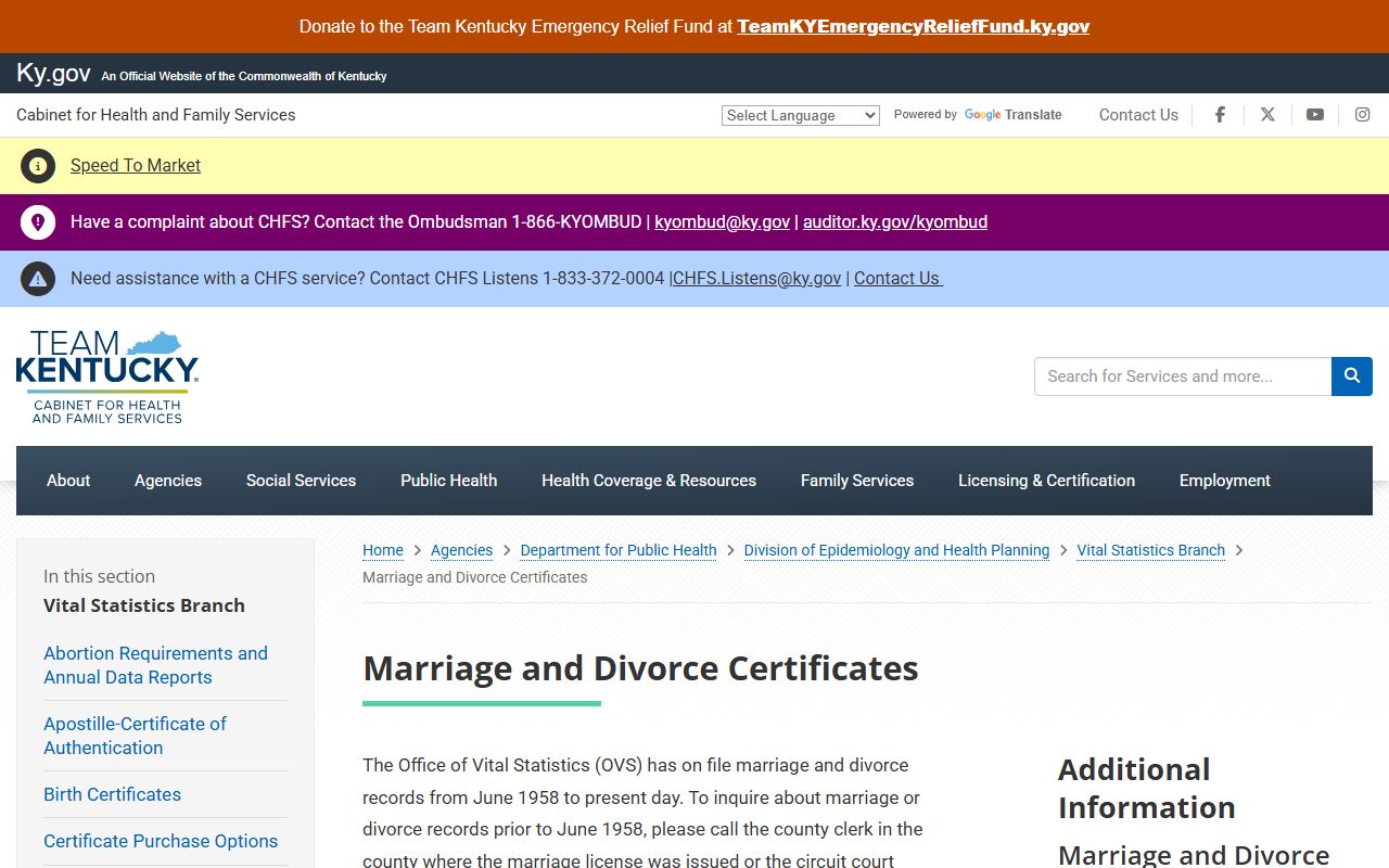 Fulton County marriage records and Kentucky CHFS certificate request page