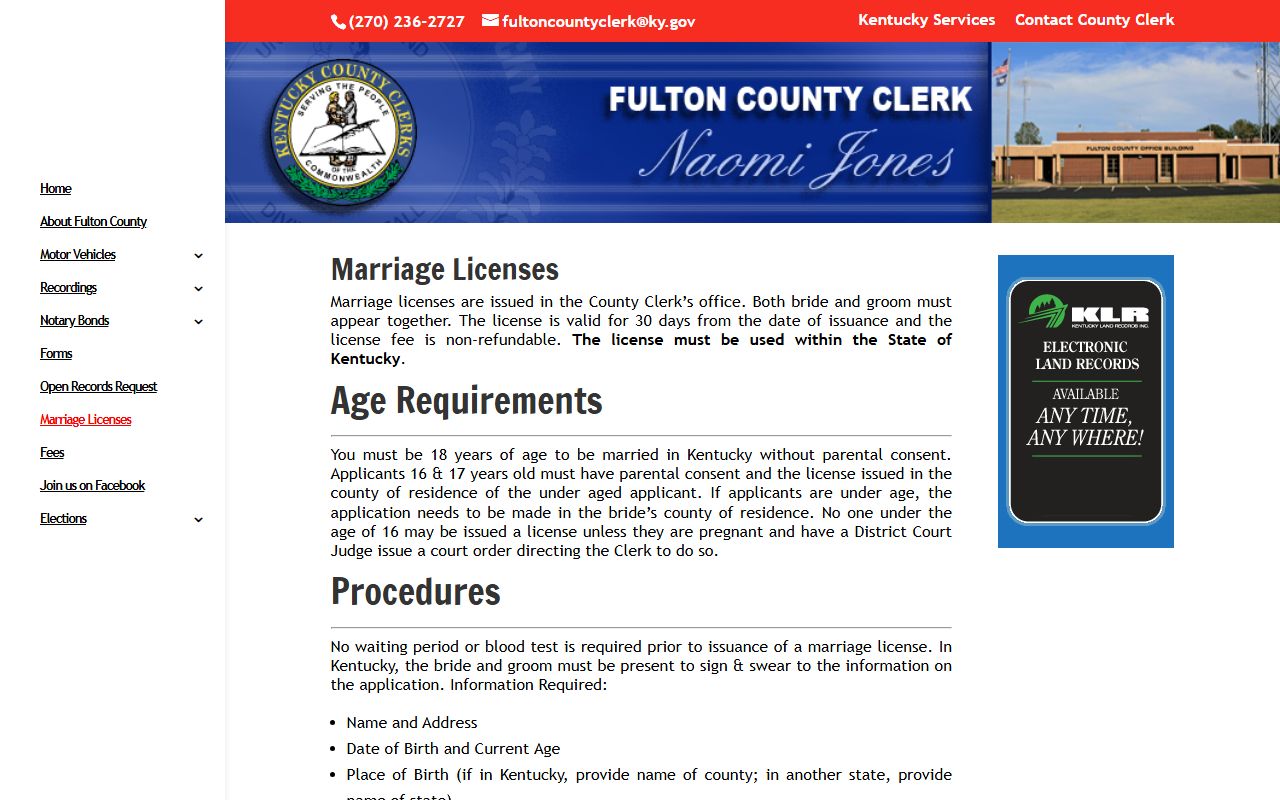 Fulton County marriage records and County Clerk marriage license page